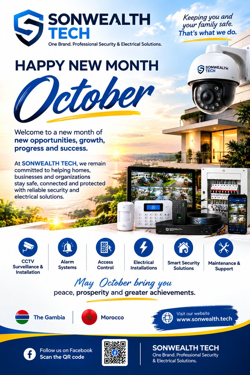 omoolaolami1's tweet photo. 🎉 HAPPY NEW MONTH — OCTOBER! 🎉
Welcome to a new month of new opportunities, growth, progress and success. ✨
At SONWEALTH TECH, we remain committed to helping homes, businesses and organizations stay safe, connected and protected with reliable security and electrical solutions. https://t.co/0mhGXunoHR