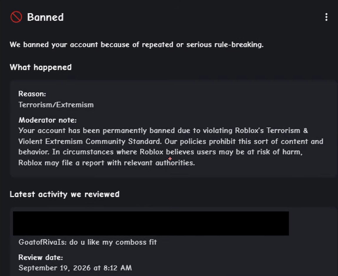 GoatofrivaIs's tweet photo. Exact outfit i was talking abt and im now termed. I had no history in the past year, i never got termed b4, these words were allowed for ages and now roblox switched up and im suddenly jst termed. I have no idea what to do. i just want to play again.@RobloxCreators @Roblox Please https://t.co/m9zkn5UgN8