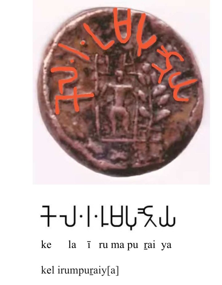 murugesan361's tweet photo. It is generally believed that the k > c palatalisation occurred within the Old Tamiḻ branch. However, I think linguists sometimes arrive at this conclusion by taking the Old Tamiḻ literary register at face value, without adequately accounting for contemporary epigraphic and numismatic evidence. If we examine material records from the Old Tamiḻ period, we can still find local forms retaining the non-palatalised k-initials.

One notable example is a Cēra king's coin, which attests his name as Kel-Irumpōṟai, in contrast to contemporary literary Tamiḻ records that attest the name as Cel-Irumpōṟai, or even Cēral-Irumpōṟai. This raises the possibility that the literary palatalised form did not entirely displace the older or regionally retained k-initial pronunciation.

Likewise, the Indo-Aryan designation Kēraḷaputra and its variants may be better understood through contemporary indigenous usage, particularly the Tamiḻ honorific Cēramāṉ.

The latter is often liable to misinterpretation or mistranslation as “sons of the Cēras” or “sons of Cēralam.” However, in Old Tamiḻ, māṉ functions as an honorific element denoting an elevated personage, rather than simply meaning “son.” Consider comparable titles such as Tirumāṉ (Tirumakaṉ) and Pērumāṉ (Pērumakaṉ), where the element conveys dignity, eminence, or elevated status. Thus, Cēramāṉ should not be reduced to a literal genealogical expression. Its usage is better considered in the context of Old Tamiḻ honorific nomenclature, where māṉ could designate a distinguished or eminent personage.

My point is that literary standardisation, regional pronunciation, and contemporary naming practices need not have followed precisely the same trajectory. Numismatic and epigraphic evidence should therefore be considered alongside literary texts when reconstructing the linguistic history.

Read/Check out: https://t.co/Oo3JFY9j8u