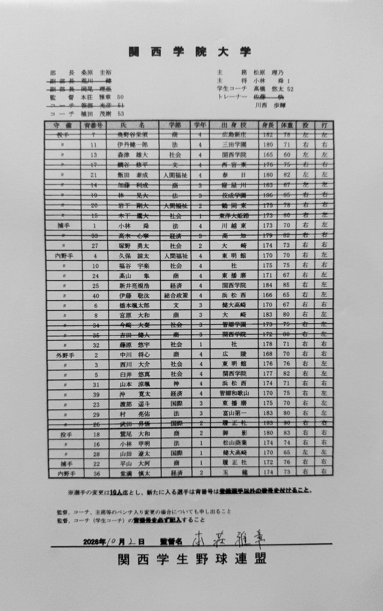 kansaibig_6's tweet photo. 【令和８年度秋季リーグ戦】
〇本日の試合
第5節１回戦
@ほっともっとフィールド神戸

第１試合　関学VS京大

＊10:30試合開始予定

スタメン・ベンチ入りメンバー

☆先発投手
関学)飯田 泰成(4・春日)
京大)南光 悟(2・市立西宮) https://t.co/mb7ih1Y7Vu