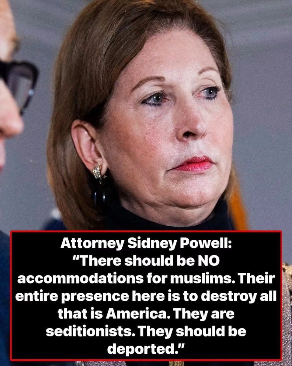 JBMAGA03's tweet photo. 🚨 Attorney Sidney Powell didn’t whisper it.

“There should be NO accommodations for Muslims. Their entire presence here is to destroy all that is America. They are seditionists. They should be deported.”

This wasn’t a random rant. It came after Houston’s mayor defended special foot-washing stations at the airport — the same airports where Americans lost privacy because of Islamic terror.

No foot baths. No Sharia. No parallel rules. America is not a hotel for people who want to replace it.

Agree or disagree — she said the quiet part out loud. 🇺🇸