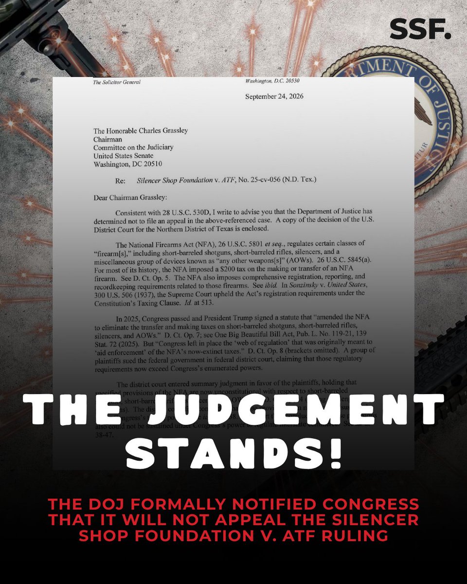 silencershopfnd's tweet photo. DOJ has formally told Congress it will not appeal the Silencer Shop Foundation v. ATF ruling.

Our win stands. https://t.co/CgdkPH3EQH