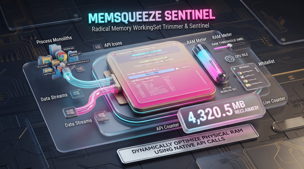 spirulicious's tweet photo. ⚡ Stop RAM Hogs Instantly!

MemSqueeze Sentinel dynamically trims idle app RAM using native Win32 APIs. Features auto-squeeze, CPU filters &amp; whitelisting.

#Windows #Tech #DevTools #RAM

Get it below 👇 https://t.co/7Y5Vx54htT