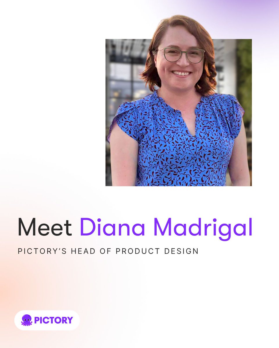 pictoryai's tweet photo. Team Spotlight: Meet Diana!
We’re highlighting Diana Madrigal, @pictoryai’s Head of Product Design, whose curiosity and openness help turn complex user needs into simple, intuitive video creation experiences.
Grateful to have you on the team! 💜
#Pictory #TeamSpotlight https://t.co/h3N5uXac3Q
