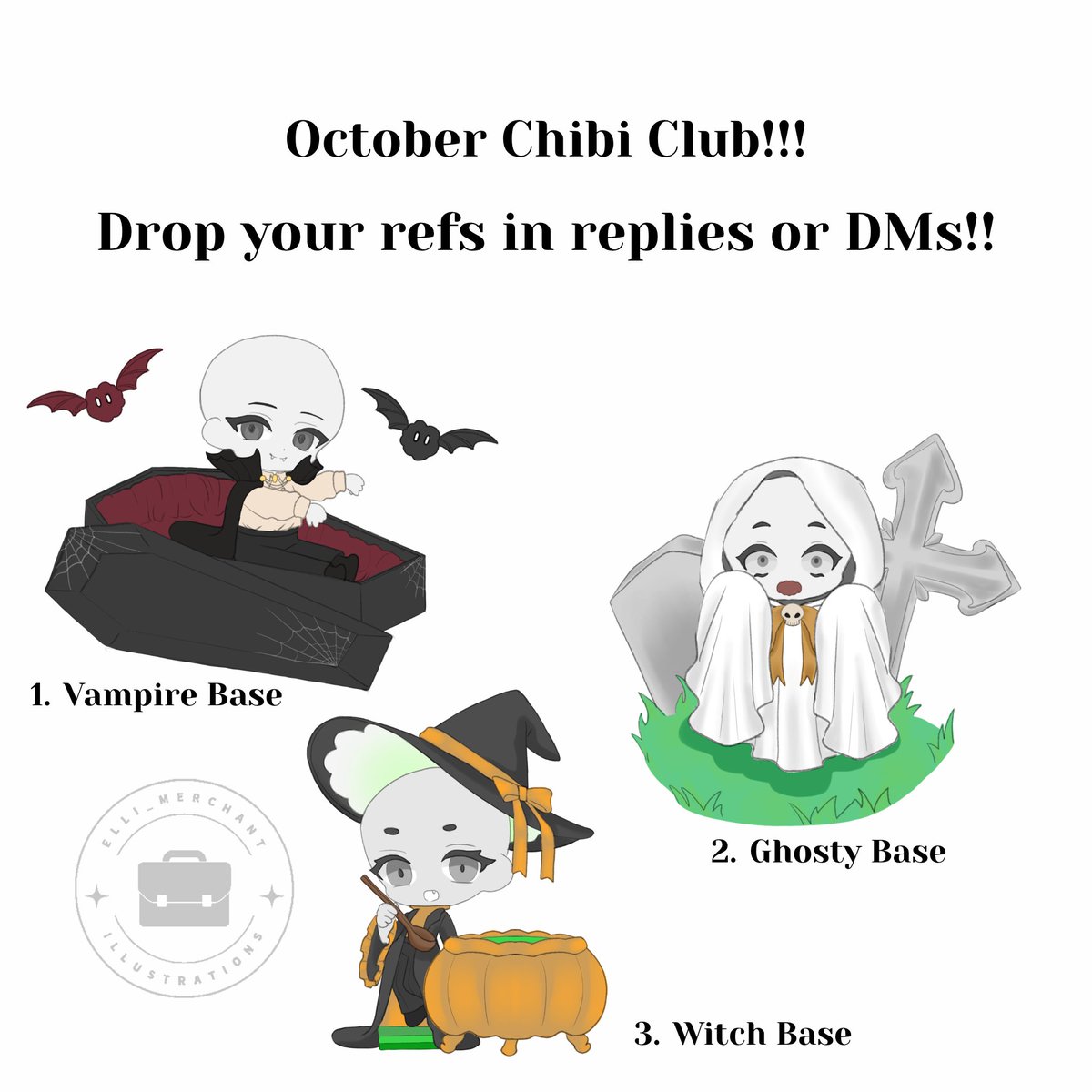Elli_Merchant's tweet photo. 🎃Let me Draw Your OC/ VTuber 🎃

Octobers Spooky Cuties are here !! Chibi club is open all week and I'll draw as many as I can !!

♡ &amp; ⟳ are appreciated!
#artmoots #chibiclub https://t.co/dN6mkmcGOE