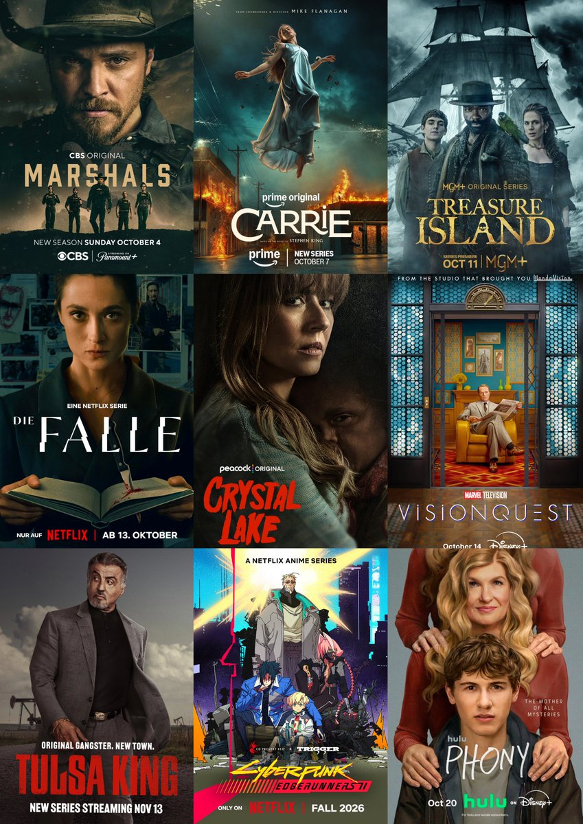 N1Scenes's tweet photo. مسلسلات شهر أكتوبر
#Marshals S2 - Oct 4
#KidnapGame - Oct 6
#Carrie - Oct 7
#Below - Oct 8
#100DaysOfDeception - Oct 10
#TreasureIsland S- Oct 11
#TheTrap - Oct13
#CrystalLake - Oct15
#VisionQuest - Oct 14
#TheLowdown - S2 - Oct14
#TulsaKing S4 - Oct16
#TheRainmaker S2 - Oct16
#Cyberpunk: Edgerunners S2- Oct20
#Phony - Oct20
#TheTerminalList S2 - Oct 21
#Lupin S4 - Oct23
#Yaga - Oct23
#Dexter: Resurrection S2 - Oct 30
#DeadEndJob - Oct 30
#ThePerfectLie - Oct 30