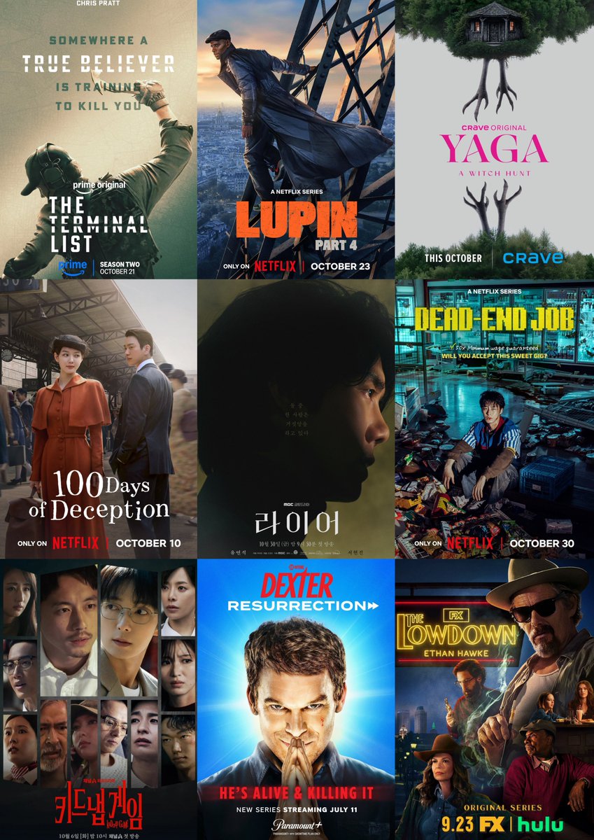 N1Scenes's tweet photo. مسلسلات شهر أكتوبر
#Marshals S2 - Oct 4
#KidnapGame - Oct 6
#Carrie - Oct 7
#Below - Oct 8
#100DaysOfDeception - Oct 10
#TreasureIsland S- Oct 11
#TheTrap - Oct13
#CrystalLake - Oct15
#VisionQuest - Oct 14
#TheLowdown - S2 - Oct14
#TulsaKing S4 - Oct16
#TheRainmaker S2 - Oct16
#Cyberpunk: Edgerunners S2- Oct20
#Phony - Oct20
#TheTerminalList S2 - Oct 21
#Lupin S4 - Oct23
#Yaga - Oct23
#Dexter: Resurrection S2 - Oct 30
#DeadEndJob - Oct 30
#ThePerfectLie - Oct 30