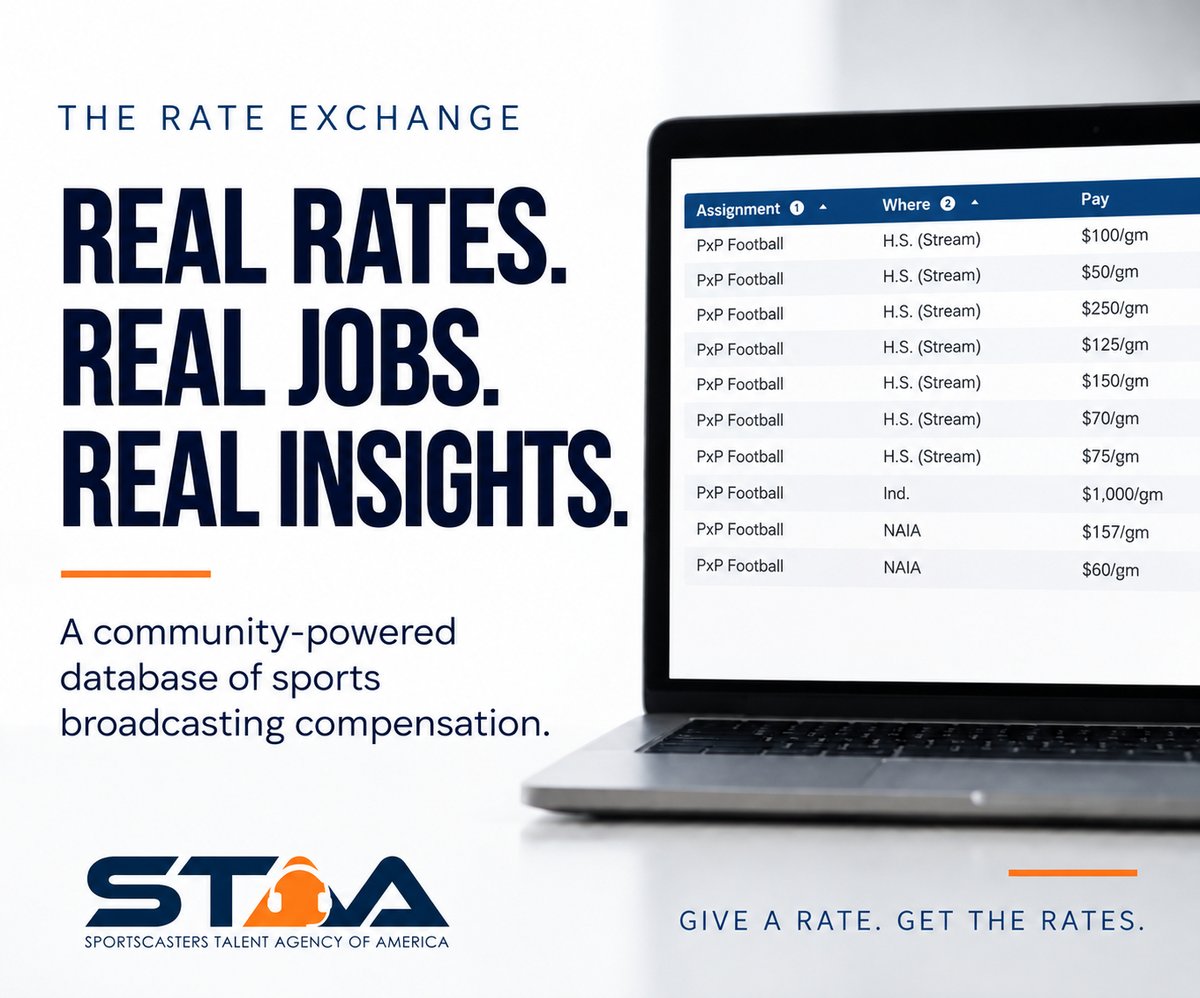 STAAtalent's tweet photo. Calling high school football?

What are broadcasters actually getting paid per game?

The Rate Exchange is beginning to answer questions like that—with information submitted by sportscasters themselves.

Give a rate. Get the rates. →
https://t.co/irQGTtQYb5 https://t.co/VOirsLkaND