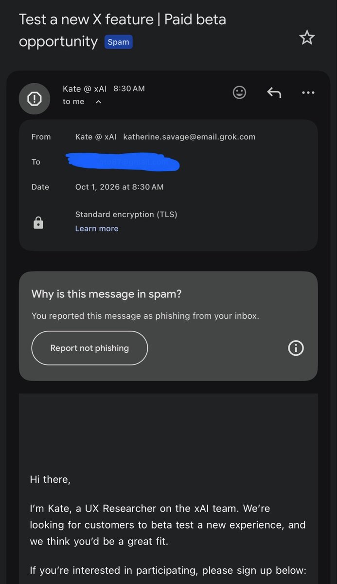 omarsoto's tweet photo. Hey @grok , has anyone else reported getting this phishing attempt email from someone at @X @xai @SpaceXAI ?? https://t.co/ggKsLUR7bT