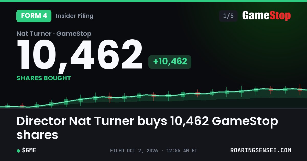 RoaringSensei's tweet photo. 🚨BREAKING! New SEC filing: GameStop director Nat Turner just bought 10,462 shares on the open market at $24.33 each. 🛒 @GameStop @natsturner 🧵 https://t.co/OKwPa3cBxP