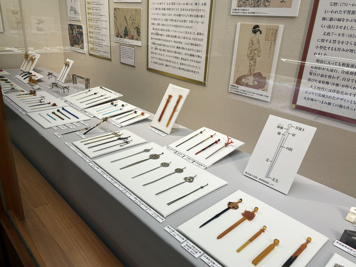 nakano_rekimin's tweet photo. 〈館蔵品展「＃櫛・簪・笄ー身だしなみの美妙巧緻」開催中〉
簪の語源は奈良時代の「挿頭花（かざしばな）」とされています。
「挿頭花」は、自然の花や枝を髪に挿した髪飾りで、梅・桃・菖蒲などの花々、柳・榊・松などの緑の多い葉を用いて、自然の生命力を身につけようとしたと考えられています。 https://t.co/HYU2nbPtlC