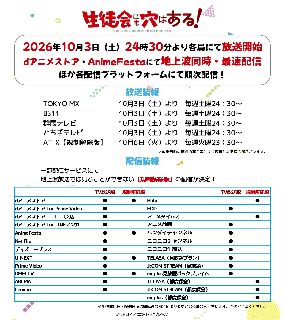 nama_anaru's tweet photo. 📌📺放送・配信のおさらい💻
﹋﹋﹋﹋﹋﹋﹋﹋﹋﹋﹋﹋﹋﹋﹋
 
㊙放送・配信は10/3（土）24:30～㊙
・TOKYO MX/BS11/群馬テレビ/とちぎテレビ
・dアニメストア/AnimeFesta
その他配信サービスは
10/6（火）正午以降です⚠
 
㊙【規制解除版】って…？㊙
地上波放送では見ることができないバージョンとなります！
 
※先���公開した情報に誤りがございました。dアニメストアの各支店はTV放送版のみとなります。お詫び申し上げます。
