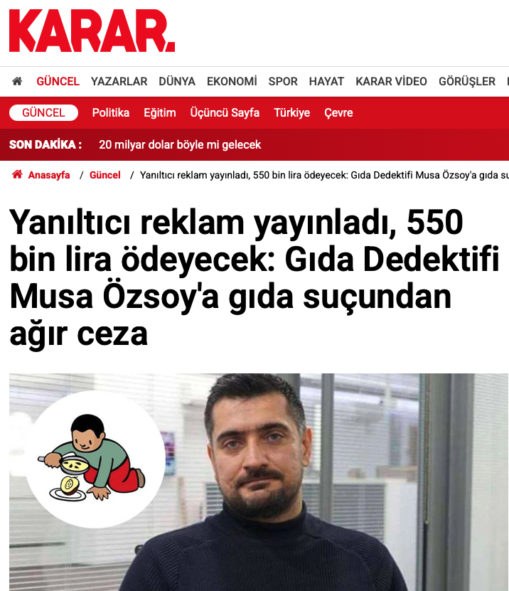 Musaozsoy's tweet photo. İçeriğinde %93 oranında yer fıstığı olan ürün için "Yüksek oranda protein bulunuyor" ifadesini kullandığımız için Murat Ülker'in şikayetiyle bakanlık bize bu fahiş cezayı kesmiş, sonra sözde yayın organları böyle yayınlamıştı.
Bu organları ve nasıl bir araya geldiklerini artık çok iyi biliyorsunuz. Şimdi birilerinin ipini tuttuğu bu organlara buradan hodri meydan diyorum:
Ülker'in aldığı 1 milyon liralık cezayı da aynı başlıklarla, aynı ithamlarla, manşete taşıdığın fotoğraflarla yayınlamazsanız namertsiniz.
@yenisafak 
@odatv 
@KararHaber