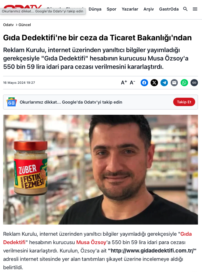 Musaozsoy's tweet photo. İçeriğinde %93 oranında yer fıstığı olan ürün için "Yüksek oranda protein bulunuyor" ifadesini kullandığımız için Murat Ülker'in şikayetiyle bakanlık bize bu fahiş cezayı kesmiş, sonra sözde yayın organları böyle yayınlamıştı.
Bu organları ve nasıl bir araya geldiklerini artık çok iyi biliyorsunuz. Şimdi birilerinin ipini tuttuğu bu organlara buradan hodri meydan diyorum:
Ülker'in aldığı 1 milyon liralık cezayı da aynı başlıklarla, aynı ithamlarla, manşete taşıdığın fotoğraflarla yayınlamazsanız namertsiniz.
@yenisafak 
@odatv 
@KararHaber