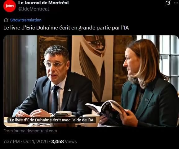 jasonkeays's tweet photo. Hier, Jérôme trouvait dont ca épouvantable que Orélien publie un livre écrit par le AI

Aujourd'hui, on apprend que le livre d'Eric Duhaime, publié par Jérôme, est écrit par le AI.

Ces gens ne croient en rien. 

#polqc https://t.co/qIszs9s0vq