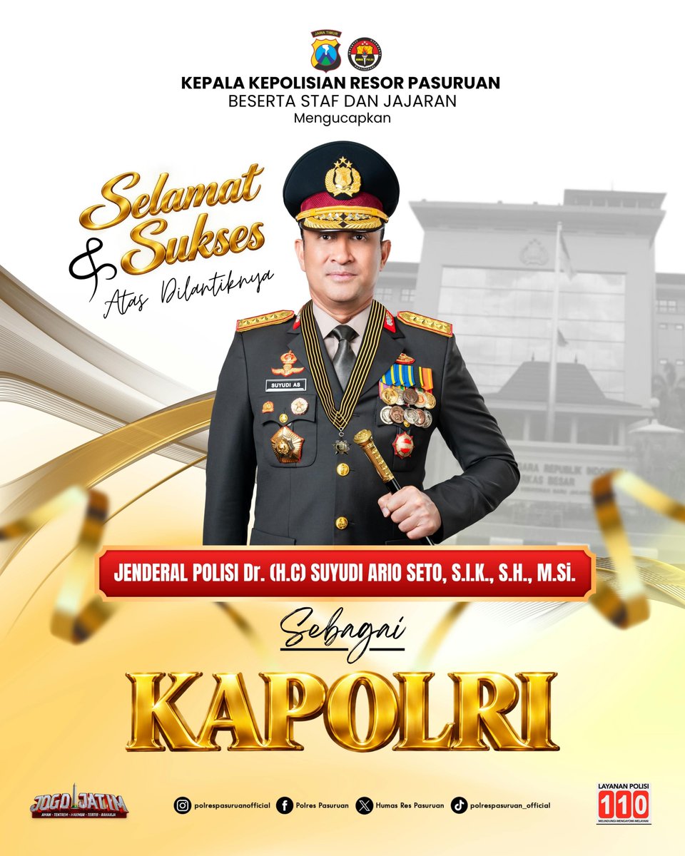 humaspandaan's tweet photo. Kapolres Pasuruan beserta Staf dan Jajaran mengucapkan,

Selamat dan Sukses atas dilantiknya "Jenderal Polisi Dr. (H.C.) Suyudi Ario Seto, S.I.K., S.H., https://t.co/Wv8vVeTgyA." sebagai Kepala Kepolisian Negara Republik Indonesia (Kapolri).

#PolresPasuruan
#polripresisi https://t.co/8pzQjqcjCG