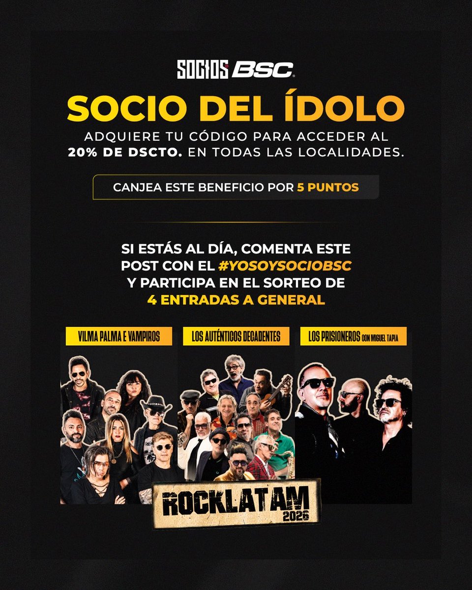 sociosbsc's tweet photo. 🎸 5 puntos. 20% de descuento. Y mucho rock🔥

Canjea tu código de socio y disfruta del #Rocklatam2026 en el estadio Modelo.

📅 Sábado 17 de octubre
🪪 https://t.co/9AsDz6Zq0K

#VamosÍdolo https://t.co/t2pz4nRsPg