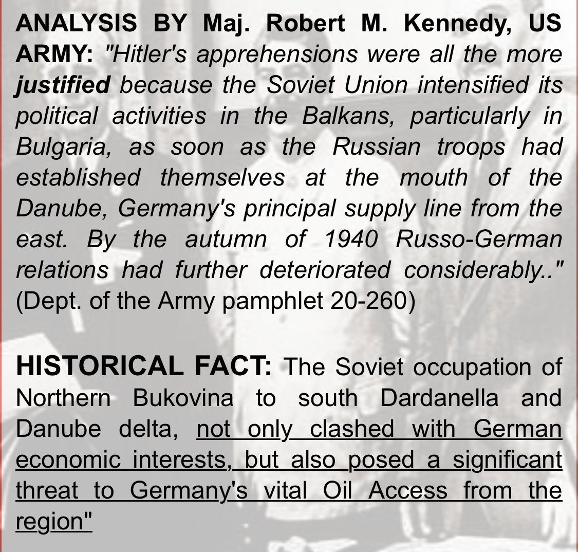 AintTexas's tweet photo. @2terrific4you Hitler tuned East because Stalin was being to aggressive and encroaching on the German sphere of influence agreed upon in the pact. Stalin was moving to occupy Hitler’s only source of oil in Romania, which would have rendered Germany 100% dependent on Stalin for future war. https://t.co/hRnJioCA9Z