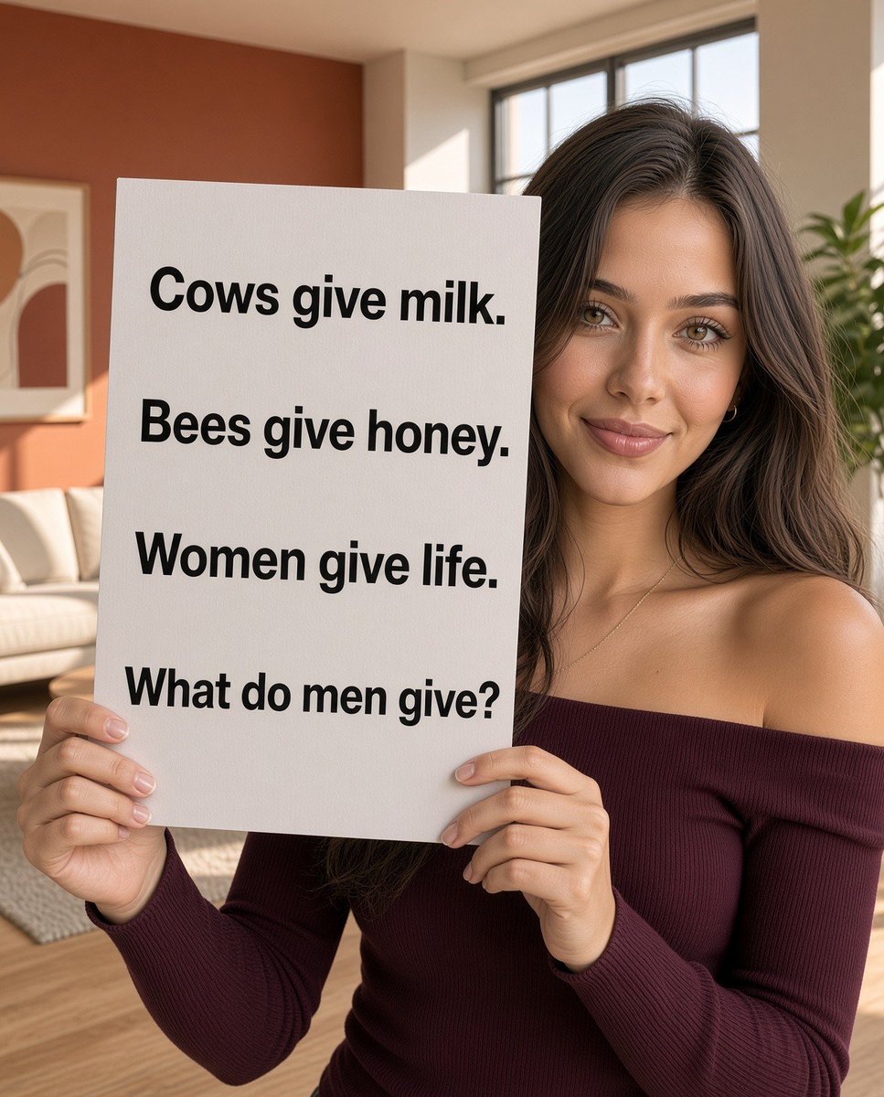MelGibsonsRv's tweet photo. Nature has a job for everyone.

Cows give milk. Bees give honey. Women give life.

Now the hard question: what do men give? https://t.co/0nI2qAZ4jF