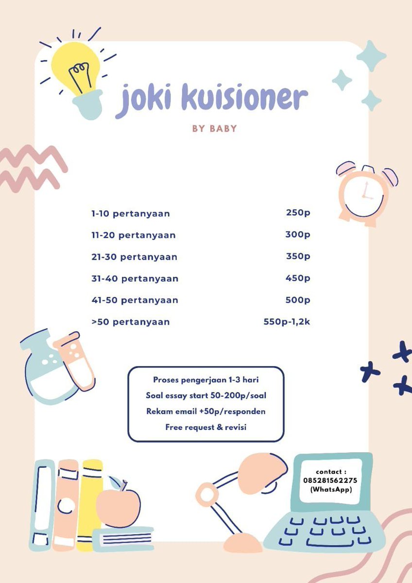 jokkuiB2's tweet photo. Good morning.....always open  ,jasa isi kuisioner,  testimoni  ada  ya !! 🤯
1. request &amp; revisi ( S&amp;K )
2. Proses pengerjaan sesuai permintaan
3. Trusted 100% &amp; privasi aman
4. Real human 👯
#zonauang #Jokiskripsi #jokikuisioner #zonauang https://t.co/ejFigDxfzE