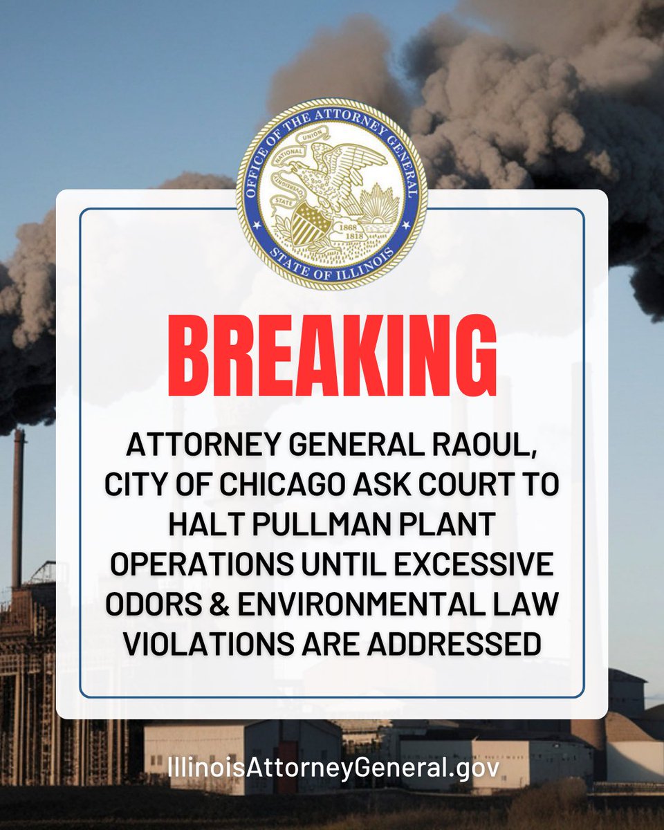 ILAttyGeneral's tweet photo. The foul odors from the Pullman Innovations facility are interrupting the lives of nearby residents. The company should not be allowed to continue operations until it addresses the odors and air pollution and ensures compliance with environmental laws: https://t.co/kw7KRQSoiw https://t.co/wD67APKdnM