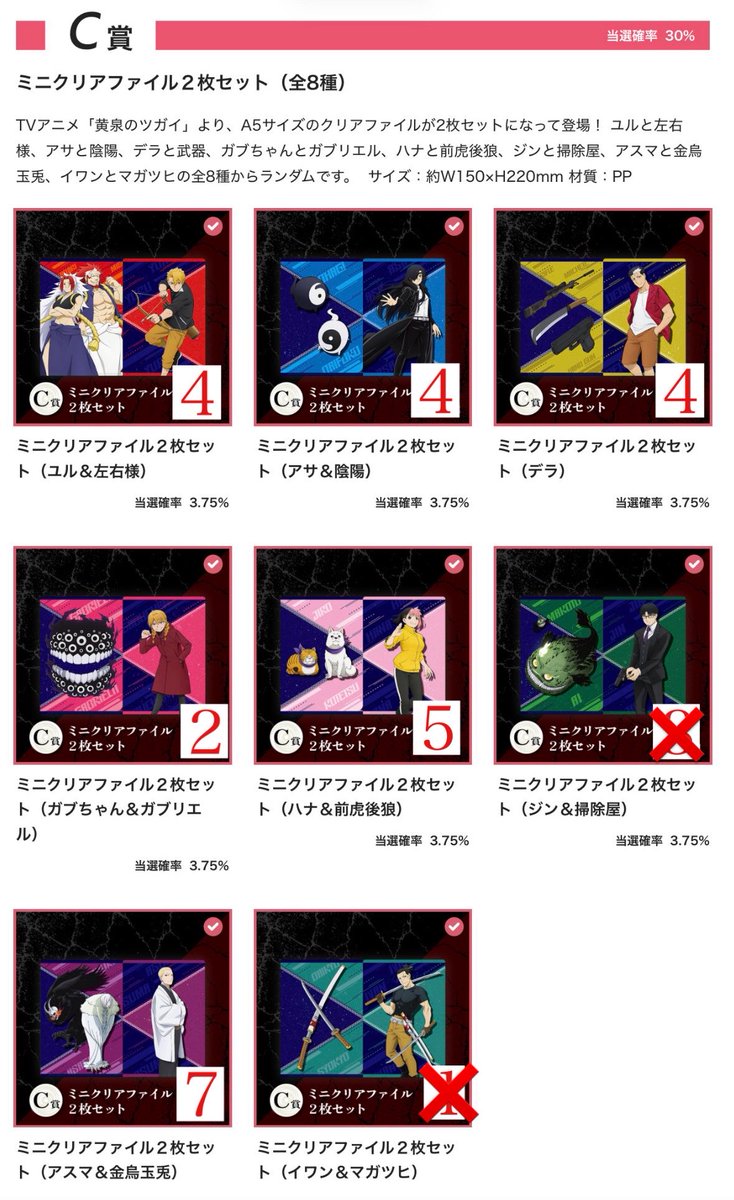 js_st05_01's tweet photo. 交換・譲渡
黄泉のツガイ アニプレックス オンラインくじ 
【譲】写真(がぶー賞、IT賞、イワン、ユル、アスマ、ハナ、左右様、ハルオ)

【求】定価+送料

A.B賞は条件あり。(画像参照)
長期のお取引になりますので、半額先払いと住所の交換できる方のみ https://t.co/rjXw7FkgIa