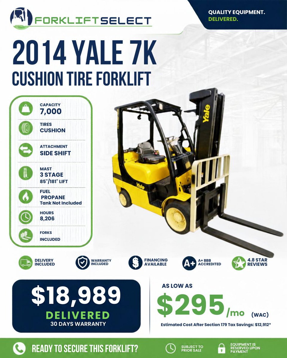 Forklift_Select's tweet photo. 🚜 Need a reliable warehouse lift? The 2014 Yale 7K Cushion Tire Forklift brings solid capacity &amp; maneuverability. Delivery + warranty included! Need options? Explore our new &amp; used inventory. Find your perfect lift today! #ForkliftSelect https://t.co/Xih25ifggL