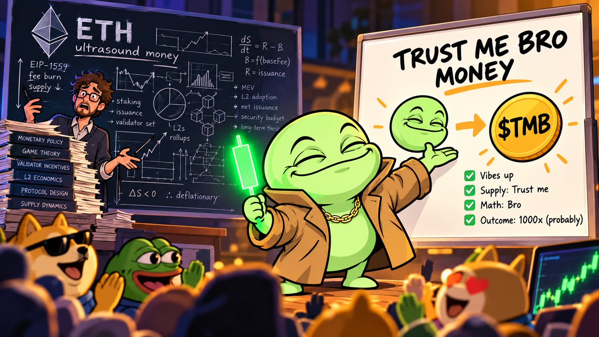 tmbmeme's tweet photo. ETH CT spent years explaining ultrasound money.

we're going to spend 5 minutes explaining trust me bro money.

same thing. fewer charts. $TMB https://t.co/xIWlOvMDdD