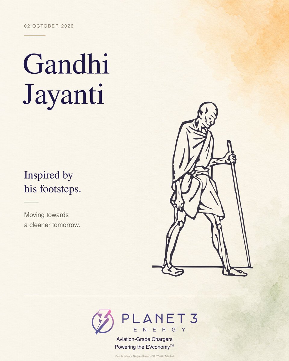 HitenderV's tweet photo. Inspired by his footsteps. Moving towards a cleaner tomorrow. 

This Gandhi Jayanti, we honour Mahatma Gandhi’s legacy of simplicity, responsibility and lasting change.

At Planet3 Energy, we carry that spirit forward through our commitment to cleaner mobility - one charge, one journey, one step at a time.

Aviation-Grade Chargers Powering the EVconomy™

#GandhiJayanti #Planet3Energy #CleanMobility #SustainableFuture