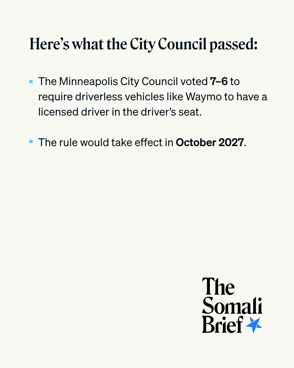 thesomalibrief's tweet photo. Driverless cars are coming to Minneapolis. The City Council just added a major condition.

The City Council approved the ordinance 7-6, putting jobs, technology, and the future of rideshare work at the center of a growing debate. https://t.co/JkgbVnif2q