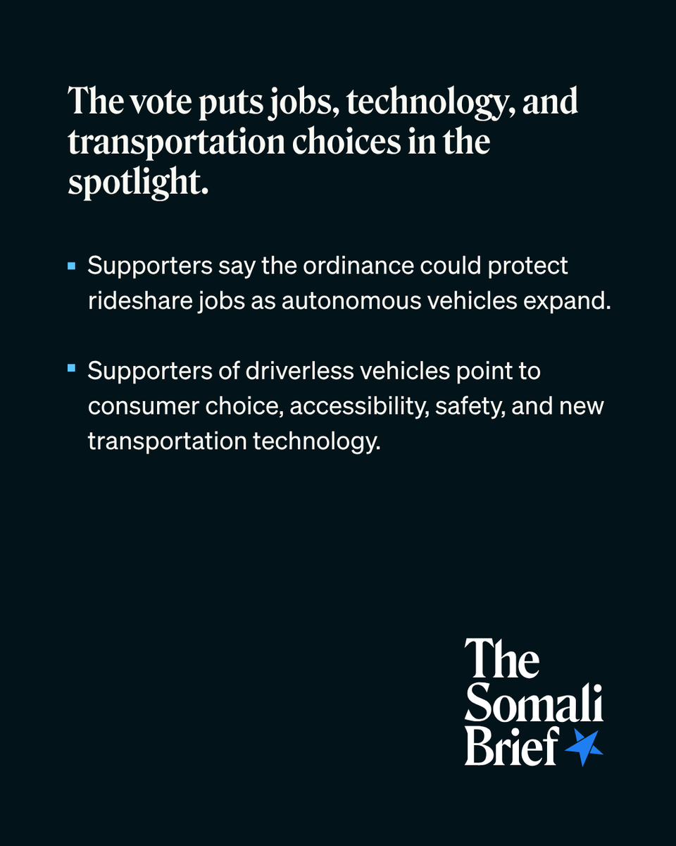 thesomalibrief's tweet photo. Driverless cars are coming to Minneapolis. The City Council just added a major condition.

The City Council approved the ordinance 7-6, putting jobs, technology, and the future of rideshare work at the center of a growing debate. https://t.co/JkgbVnif2q