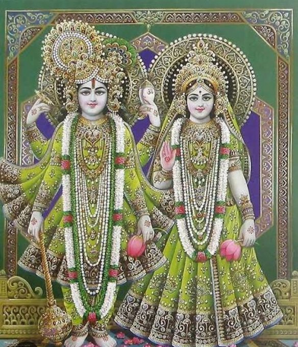 A traditional Hindu devotional painting depicting deities adorned with elaborate golden crowns, jewelry, and floral garlands against a green backdrop.