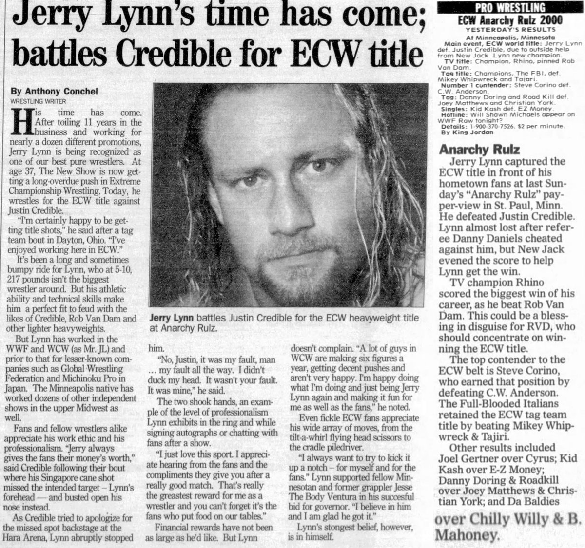 theecwpod's tweet photo. On October 1, 2000 #ECW held ANARCHY RULZ in St Paul, Minnesota. In the main event #JerryLynn defeated Justin Credible to win the ECW title. @itsjerrylynn
🛜 https://t.co/2PVa6rWKHs
#Extreme #Wrestling
#ExtremeChampionshipWrestling https://t.co/rktnp5m46p