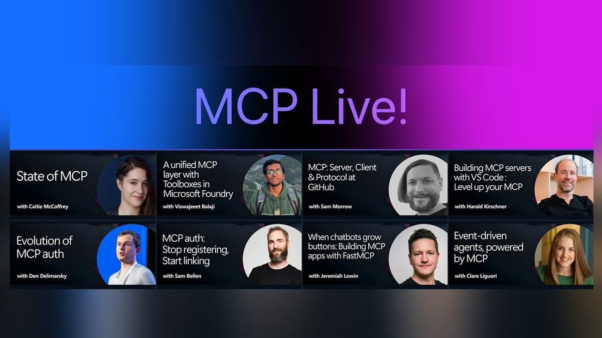 AzureDevOps's tweet photo. 🤖 Missed #MCPLive?

Catch every recording covering MCP, agent interoperability, tool calling, secure integrations, and the standards powering the next wave of AI apps. 🔌⚡

Build better agents. Learn from the experts.

📺 Read &amp; watch: https://t.co/9em5uC3Xms https://t.co/riU0b9kz2u