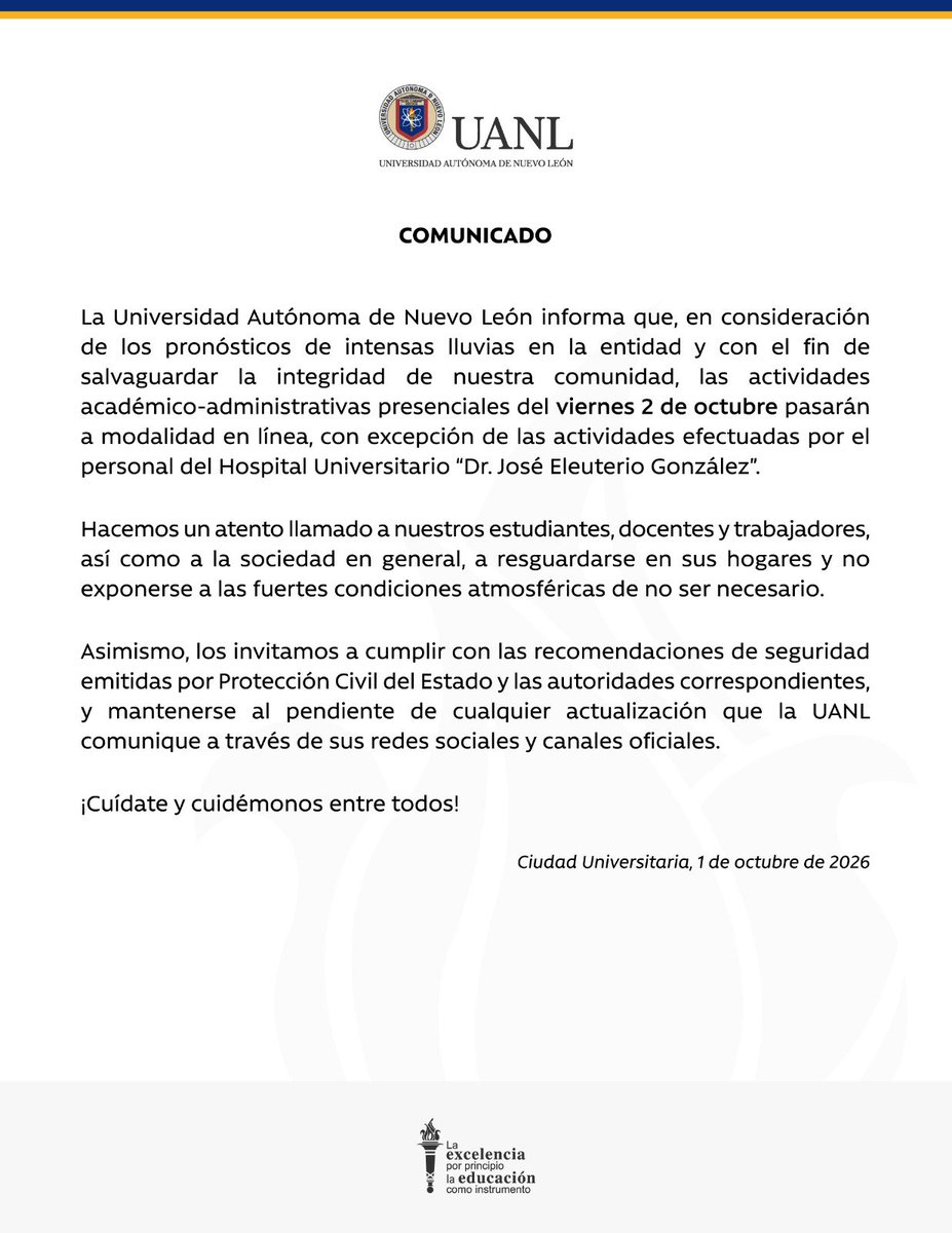 uanl's tweet photo. #AvisoUANL con respecto al pronóstico de intensas lluvias para el estado de Nuevo León. https://t.co/UCTUGnfVJB