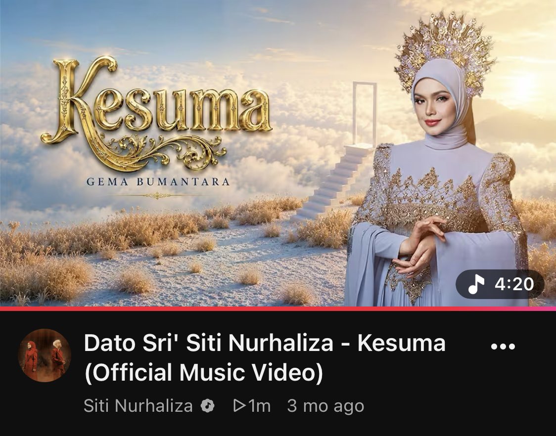 f4uz1_'s tweet photo. TERKINI!
Official music video bagi lagu yang memenangi Vokal Wanita Terbaik AIM 25 #Kesuma Siti Nurhaliza sudah meraih 1 juta tontonan di youtube. 🥳 Yeaaa.. Tahniah! @CTNurhaliza11 https://t.co/wjK0iTdub4