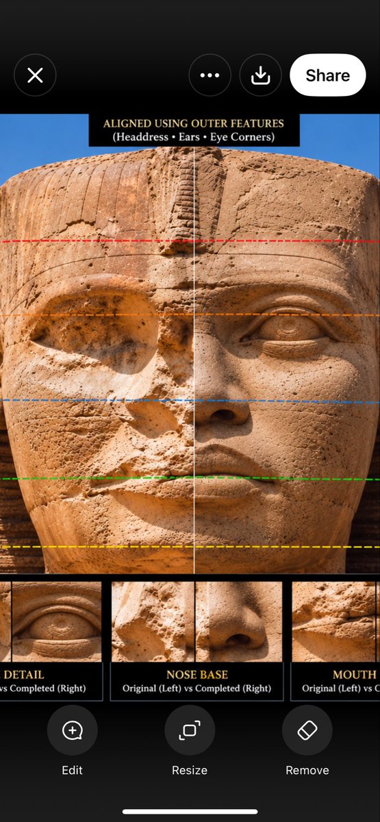 P89Music's tweet photo. I tried something different with the Great Sphinx. Instead of using known pharaoh’s I used the surviving features and reconstructed only the missing portions by following the existing contours of the eyes, nose, mouth, cheeks and chin. This is what came out. https://t.co/UlOBECMAbC