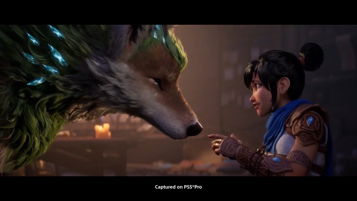A stylized CGI scene showing a young girl with dark hair facing a giant wolf with crystalline horns, captioned 'Captured on PS5 Pro'.