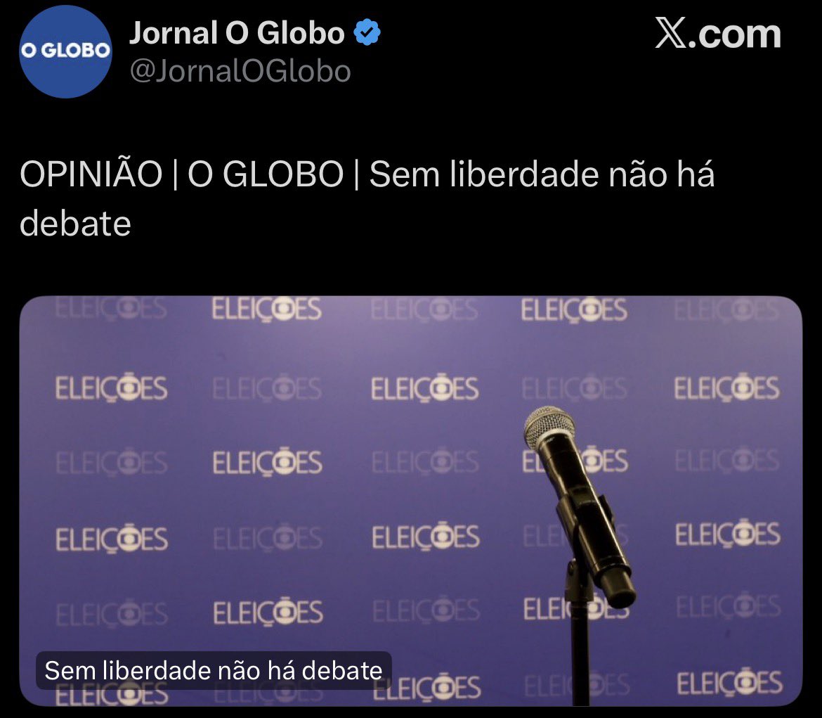 Alexmorettibr's tweet photo. Globo acaba de admitir que existe ditadura no Brasil. 

"Sem liberdade não há debate"

Jair Bolsonaro até tentou avisar vocês. https://t.co/4OuUDzCgOA