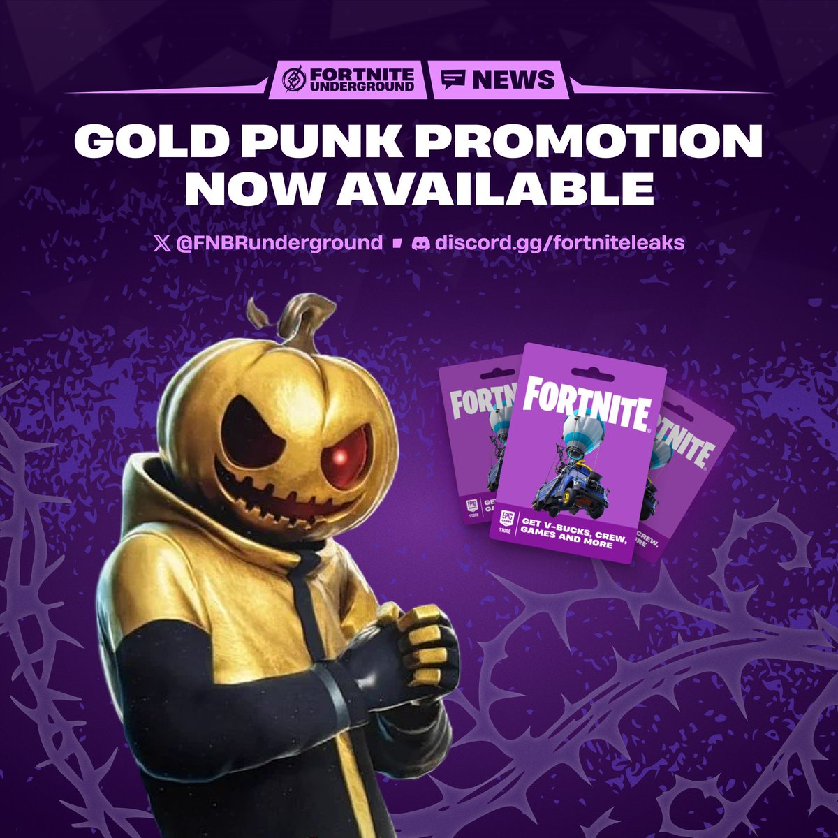FNBRunderground's tweet photo. The Gold Punk promotion is now live in #Fortnite 🎃 

Players who redeem a Fortnite Gift Card between now and Saturday, October 31 will unlock the Gold Punk Outfit for free. Gift Card funds can be used to purchase V-Bucks, Packs, or other offers on the Epic Games Store. https://t.co/SkwOurbjl2