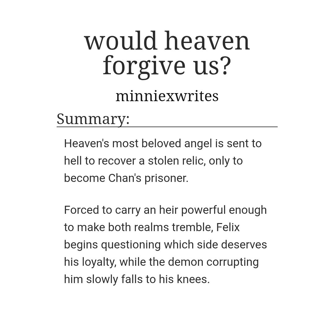 minniexwrites's tweet photo. ⨾ੈ⛓ would heaven forgive us? ⛓🪽 ་༘࿐

chnl!x fic
🪦🕊 rated e
1/4 chapters (ongoing)
f3l!x angel | chn demon
‼️ please read tags ‼️ https://t.co/pQ5CUWwN4m