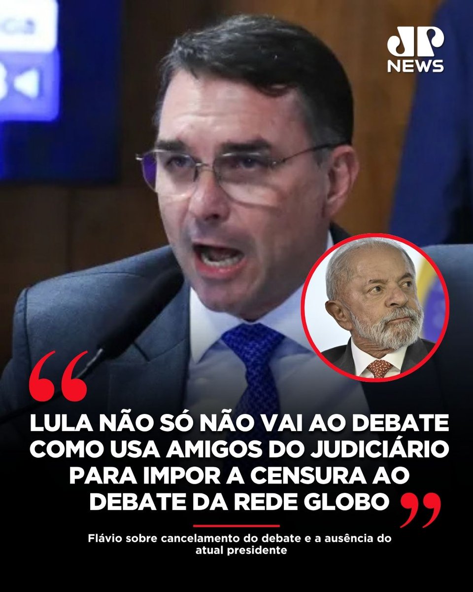 JovemPanNews's tweet photo. O senador e candidato à Presidência Flávio Bolsonaro (PL) realizou uma transmissão ao vivo na noite desta quinta-feira (1º) para criticar o cancelamento do debate da Rede Globo. Durante a live, o parlamentar afirmou que o cenário representa um ato de censura e acusou o presidente Luiz Inácio Lula da Silva de usar o Judiciário para evitar o confronto direto de propostas.

🔗 Leia a matéria completa em: https://t.co/5eLOkw2cls
📺 Confira na JP News
📌 Siga o nosso perfil @JovemPanNews 

#JovemPanNews #FlávioBolsonaro #Eleicoes2026 #Debate #Lula