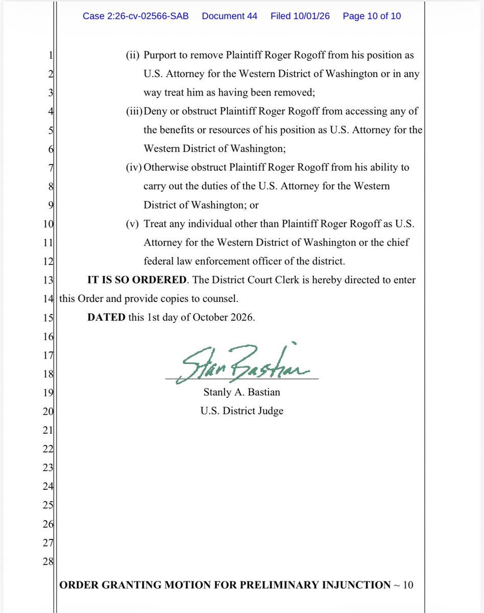 mrddmia's tweet photo. Another lawless and dangerous ruling.

Violating the separation of powers.

By another Democrat activist judge.

This time?

Seattle Obama Judge Stanley Bastian.

(Did he misspell his own name— “Stanly”—in his order?)

Democrat judges handpicked their own U.S. attorney.

The President, through his attorney general, fired him.

Under Article II of the Constitution, the President clearly has the executive power to fire Justice Department officials.

Now Judge Bastian created an unnecessary constitutional crisis by essentially ordering a coup at the Justice Department, by ordering the removal of the President’s pick and putting in Bastian’s judicial puppet.

The Ninth Circuit must fix this.

Or the Supreme Court will have to step in. 

Again.

https://t.co/eBFvfT0xz7