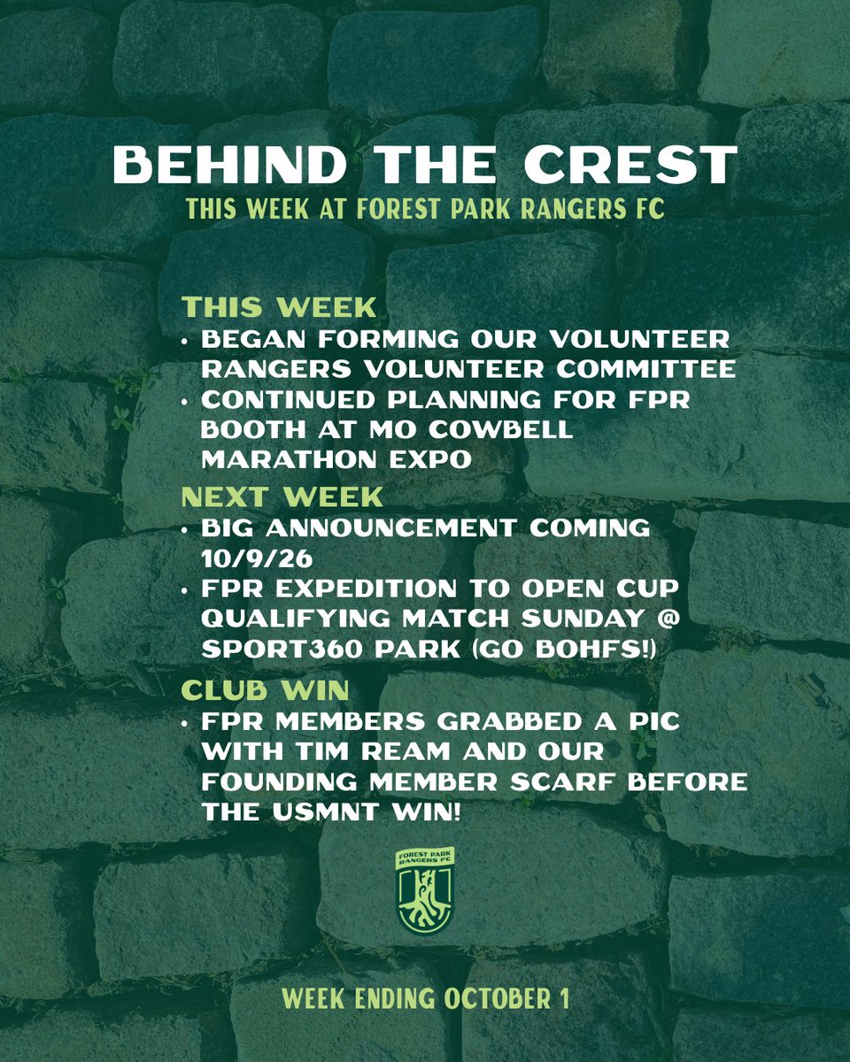 fprangersfc's tweet photo. Another week of building, planning, volunteering, and watching a little soccer along the way.

And that @USMNT win wasn’t too bad either. 🇺🇸⚽️

Onward. Forward.

Thanks for building this club with us. 💚🌲

#UptheTrees #DefendTheHeart #STL #supportlocal https://t.co/Q6i34ttsfw