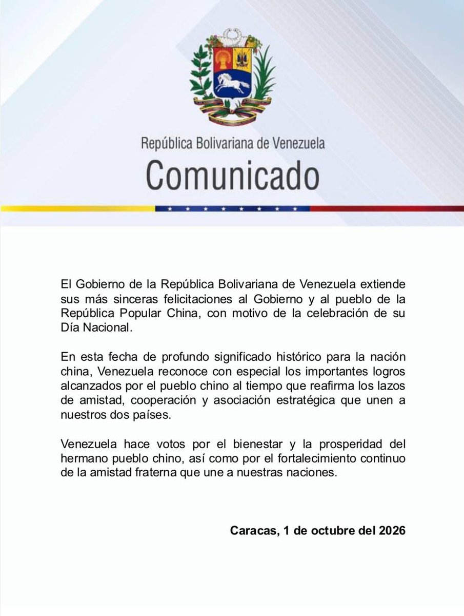 entrecomunesve's tweet photo. #Comunicado | El Gobierno de la República Bolivariana de Venezuela extiende sus más sinceras felicitaciones al Gobierno y al pueblo de la República Popular China, con motivo de la celebración de su Día Nacional

#1Oct https://t.co/38xCN7K4j4