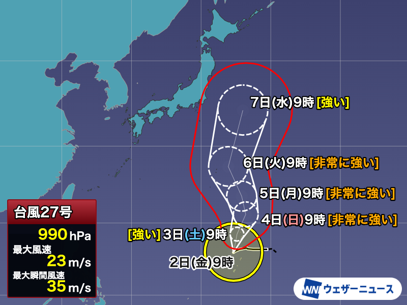 wni_jp's tweet photo. 【台風情報】
10月2日(金)9時現在、台風27号(チョーイワン)はマリアナ諸島近海を西南西に進んでいます。
来週はじめは非常に強い勢力となって小笠原諸島に近づく可能性があり、早めの警戒が必要です。
https://t.co/ICJX3JkCrn https://t.co/z78Gf5QFV6