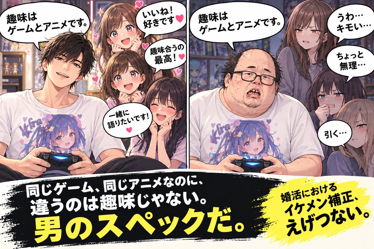 konkatuoyaji's tweet photo. 「イケメンの趣味がゲームやアニメでも大丈夫です。私も好きです」

ところが、いかにもオタクっぽい見た目の不細工が

「趣味はゲームとアニメです」

と言うと、

「うわ、キモい……」

となる。

同じゲーム、同じアニメなのに。

違うのは趣味じゃない。
男のスペックだ。

婚活におけるイケメン補正、
えげつない。

#オタク　#婚活　#イケメン