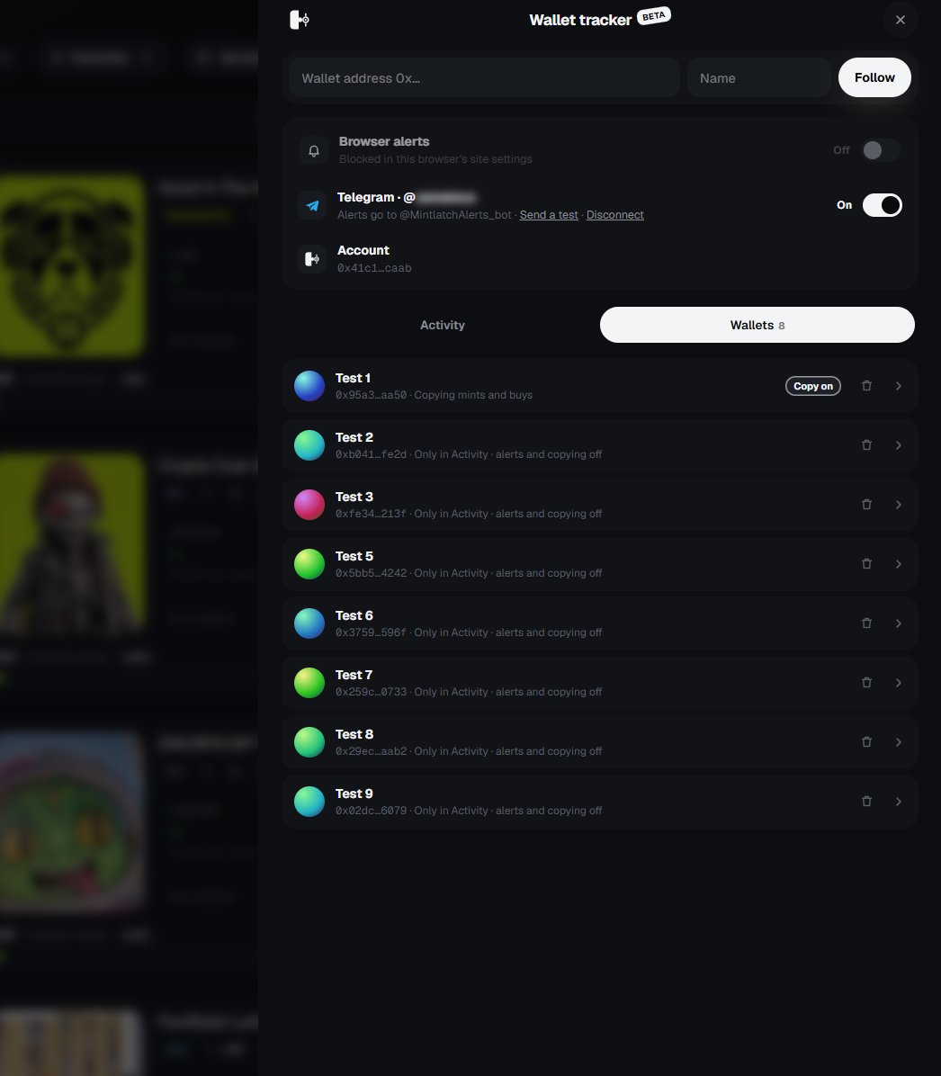 mintlatch's tweet photo. Wallet tracker is live on Mintlatch 🎯

It's still in beta, but it already works and you can try it now.

Follow any wallet on Ethereum, Robinhood, Ink and Arc and see what it mints, buys and sells the moment it lands.

• Alerts in your browser and in Telegram
• Fake mints sent to a wallet are filtered out
• Copy mints and buys with your service wallet, within limits you set (Mintlatch NFT holders)

How to open it: on https://t.co/uOLAoRn61W hover over Tools above the search and pick the target icon. On mobile tap Tools.