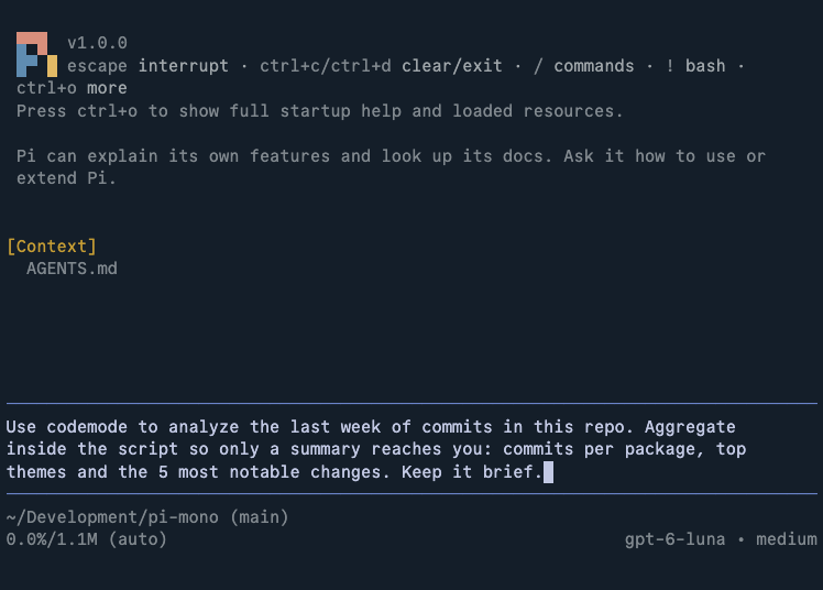 lucataco's tweet photo. Pi 1.0 shipped with codemode ❤️‍🔥

Instead of 50 tool calls dumping raw output into context, the agent writes one script that does the work and returns only the answer

Faster, cheaper, and the context stays clean https://t.co/9BXOcwpycV