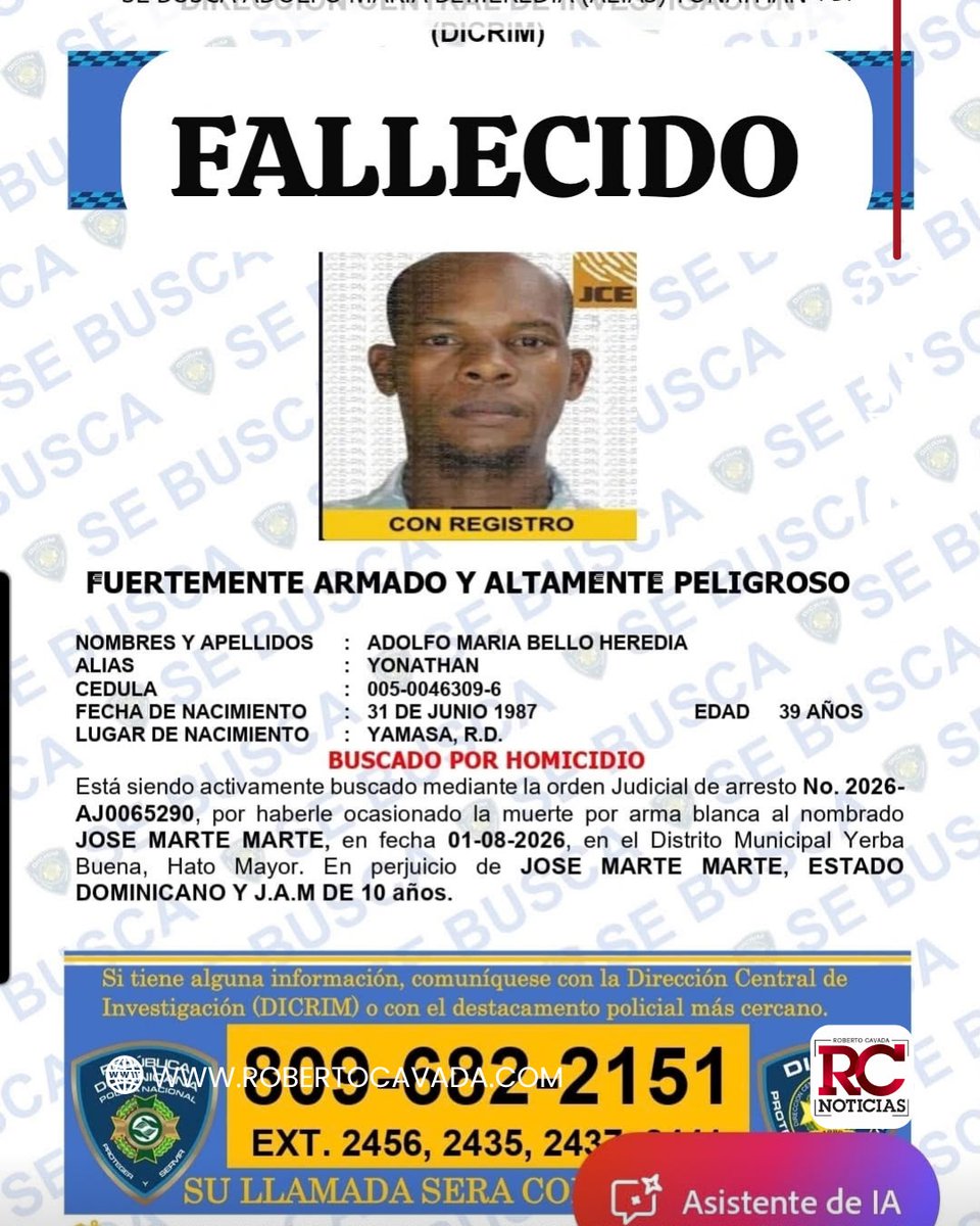 rcavada's tweet photo. Policía Nacional informa fallece en Barahona reconocido antisocial “Jhonathan”, quien era buscado por homicidio y robo en Hato Mayor

https://t.co/ZldkKXI8cW

#RobertoCavada #RCNoticias #AdolfoMaríaBello #Jhonathan #Fallecimiento #PolicíaNacional https://t.co/xK2HFuybQT